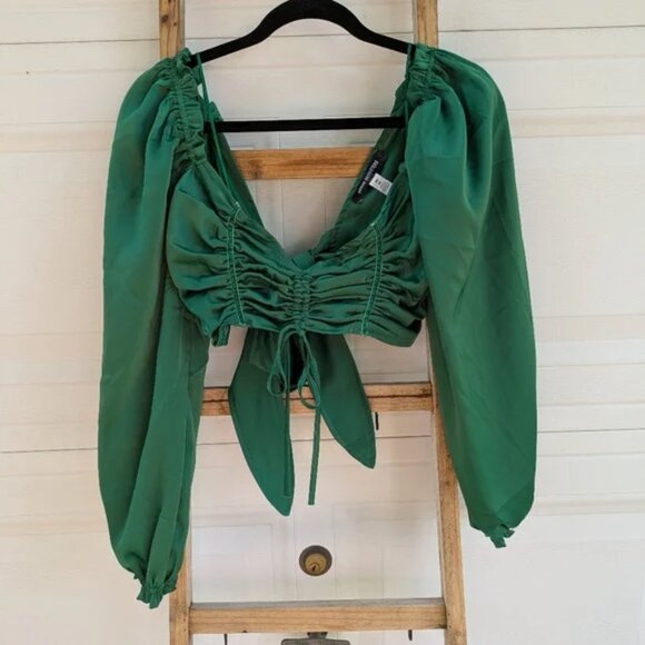 URBAN OUTFITTERS Caroleena Ruched Puff Sleeve Tie Back Blouse Crop Top Shirt - Picture 7 of 10